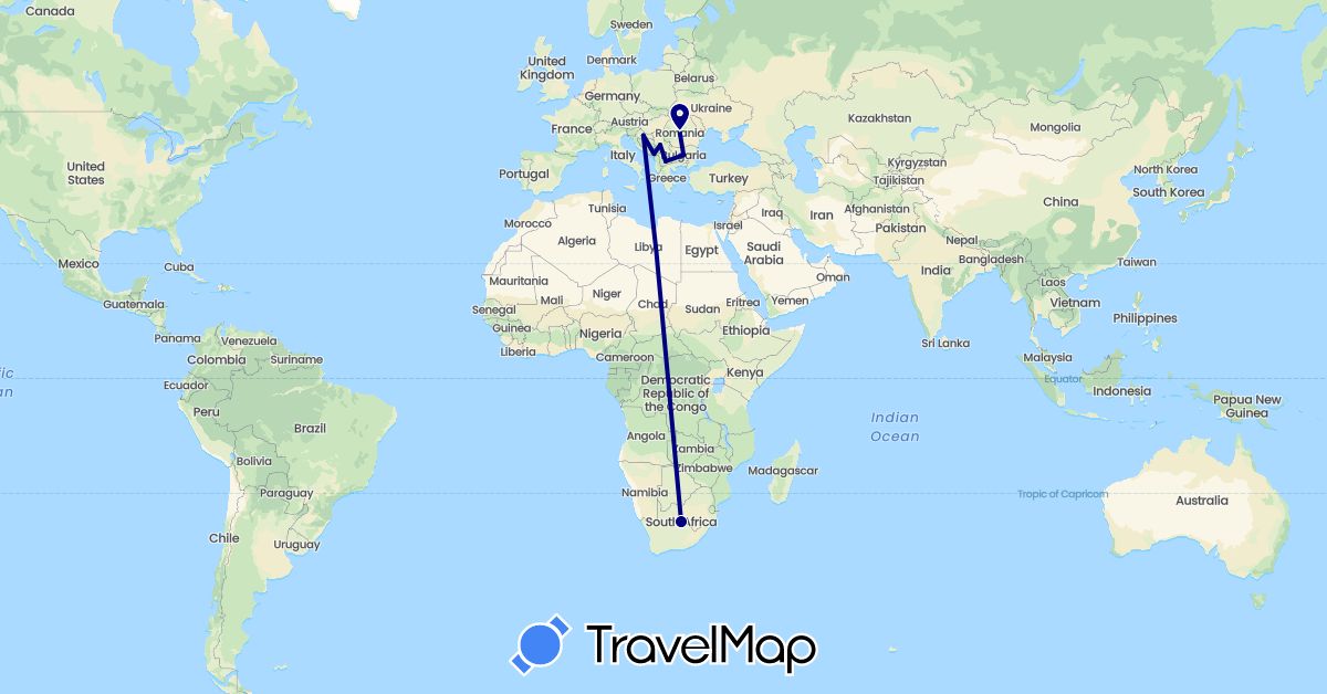 TravelMap itinerary: driving in Bulgaria, Croatia, Montenegro, Macedonia, Romania, Serbia, South Africa (Africa, Europe)